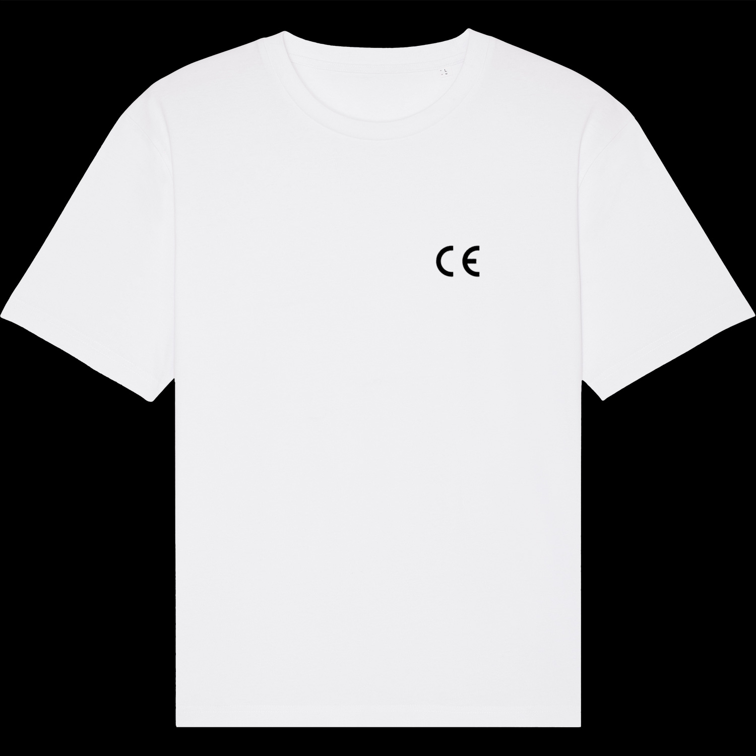 White shirt on black ground with black print on front showing the official CE mark for consumer products