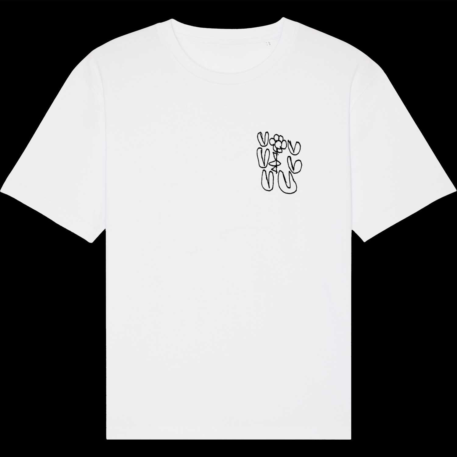 White t-shirt with black print on front showing an illustration of six hearts and one flower in between.