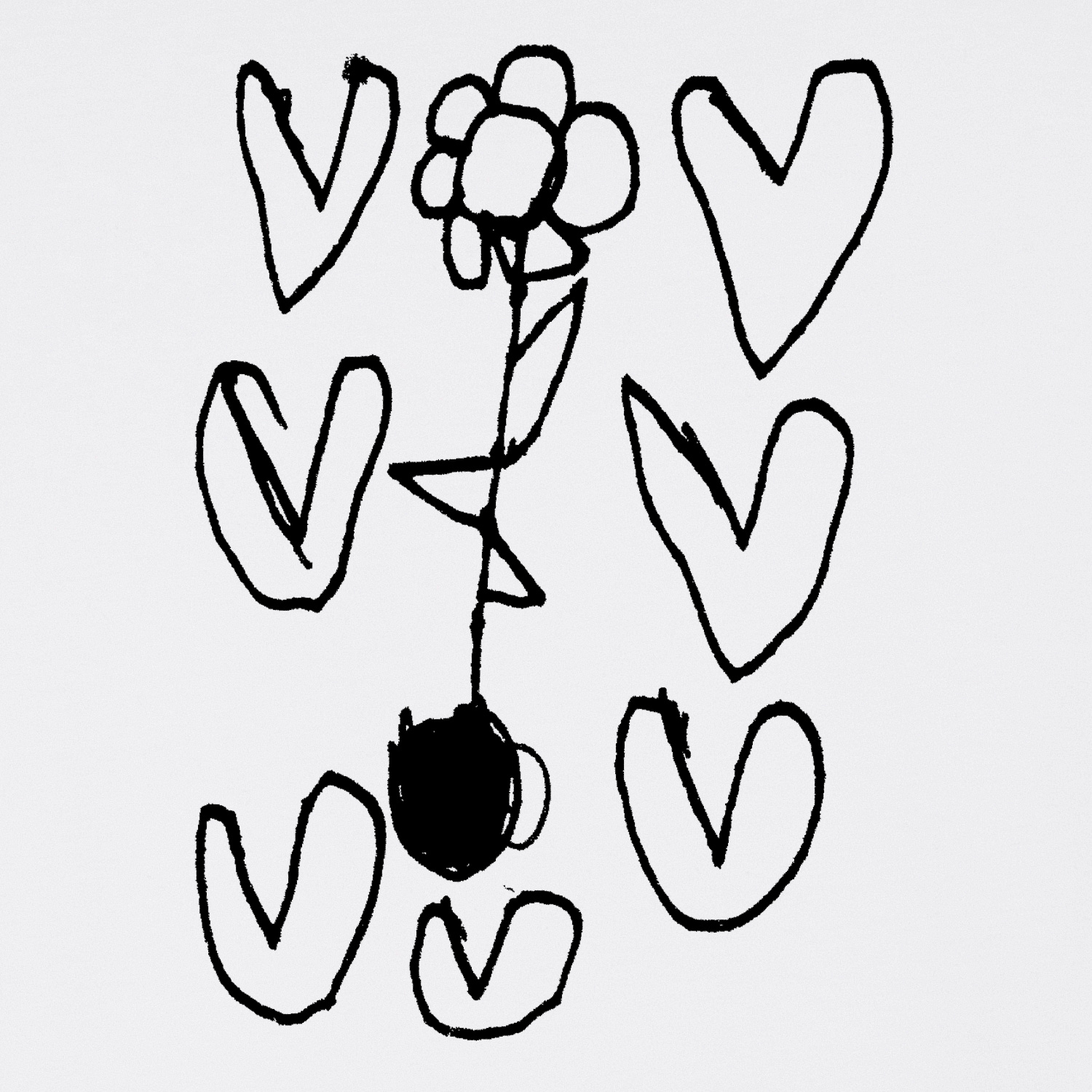 Detail of a black print on a white t-shirt showing an illustration of seven hearts and one flower in between.