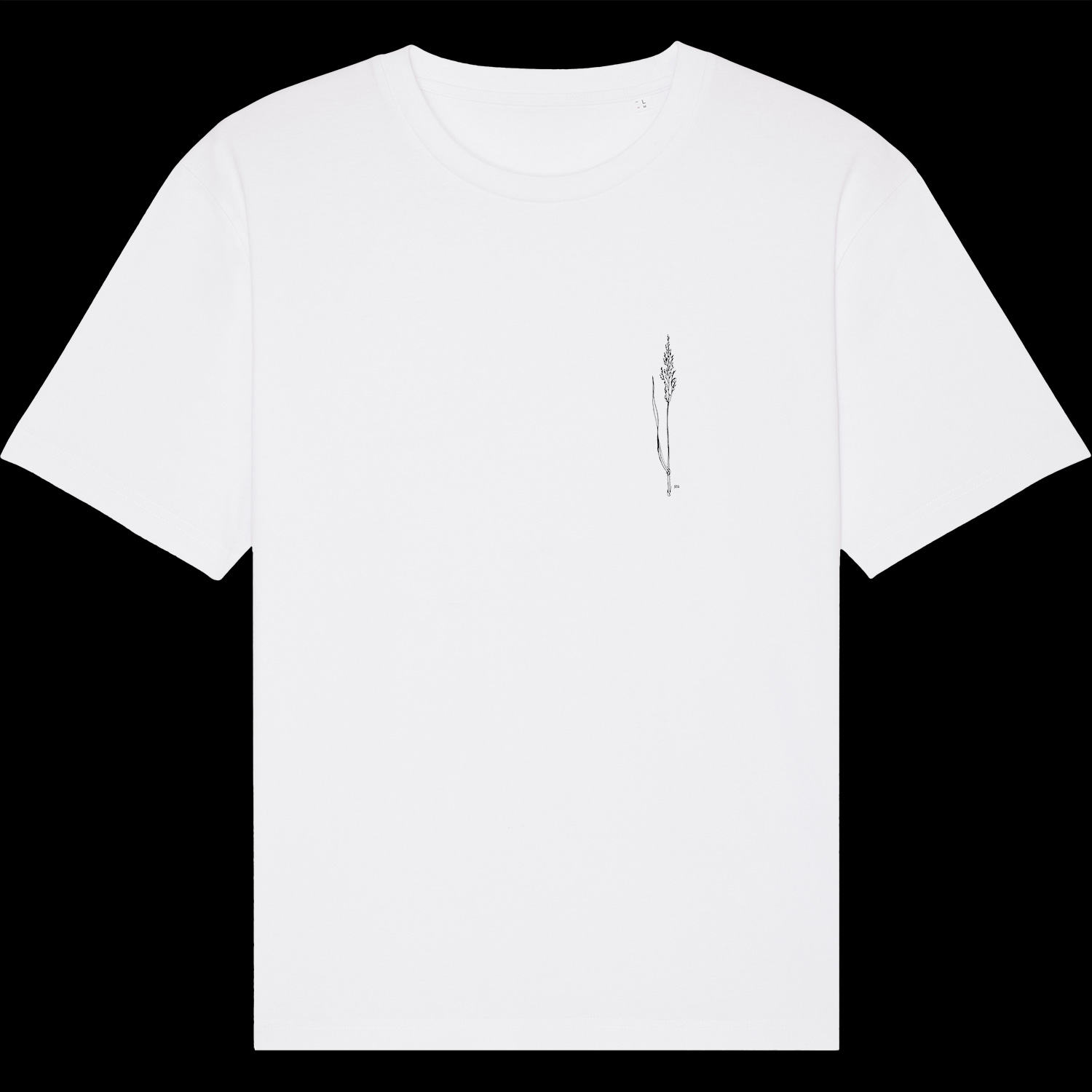 White shirt with a black print on front showing a hand drawn illustration of a gras called „Pfeifengras“