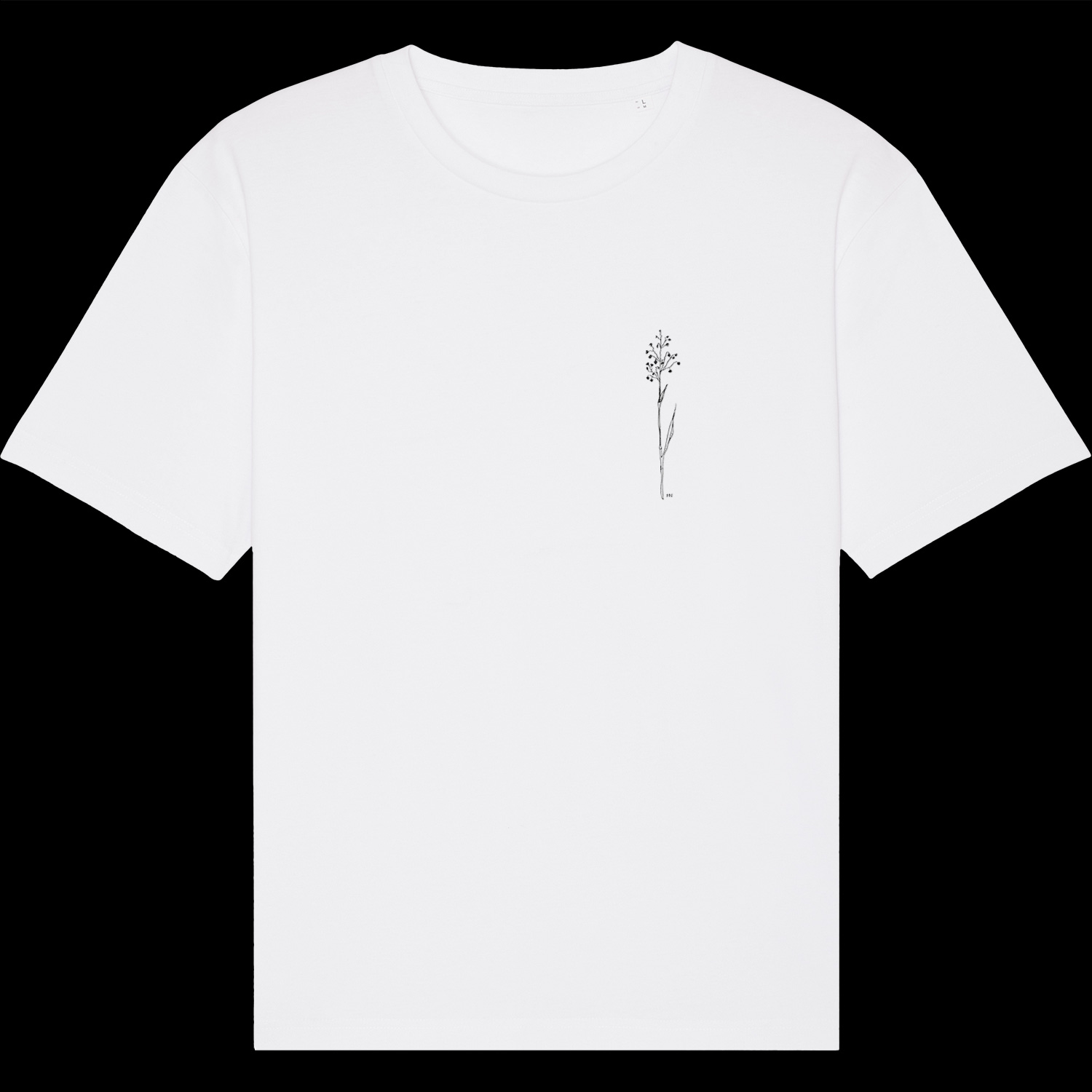 White t-shirt with black print on front showing an illustration of a gras called „Zittergras“.